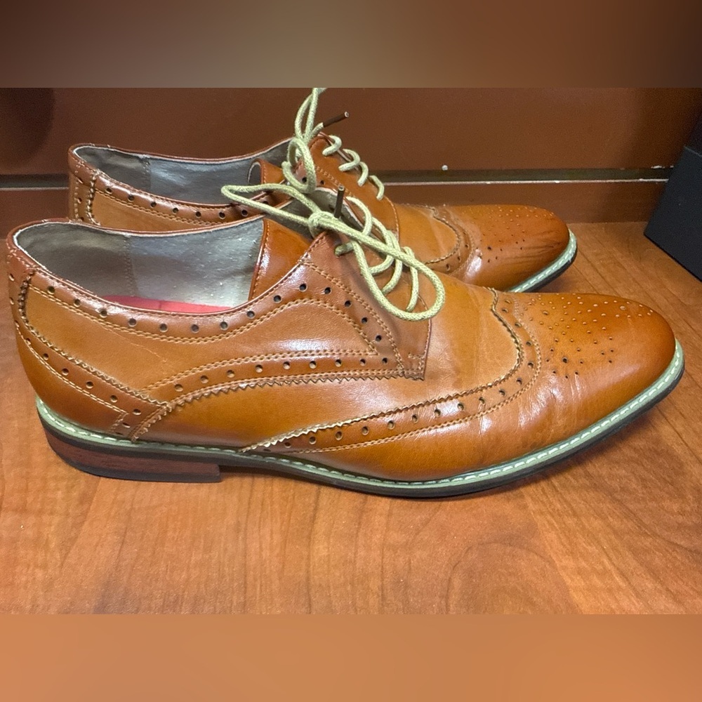 BRUNO MARKS Men's Cognac Leather Brogue Derby Shoes - Picture 2 of 6